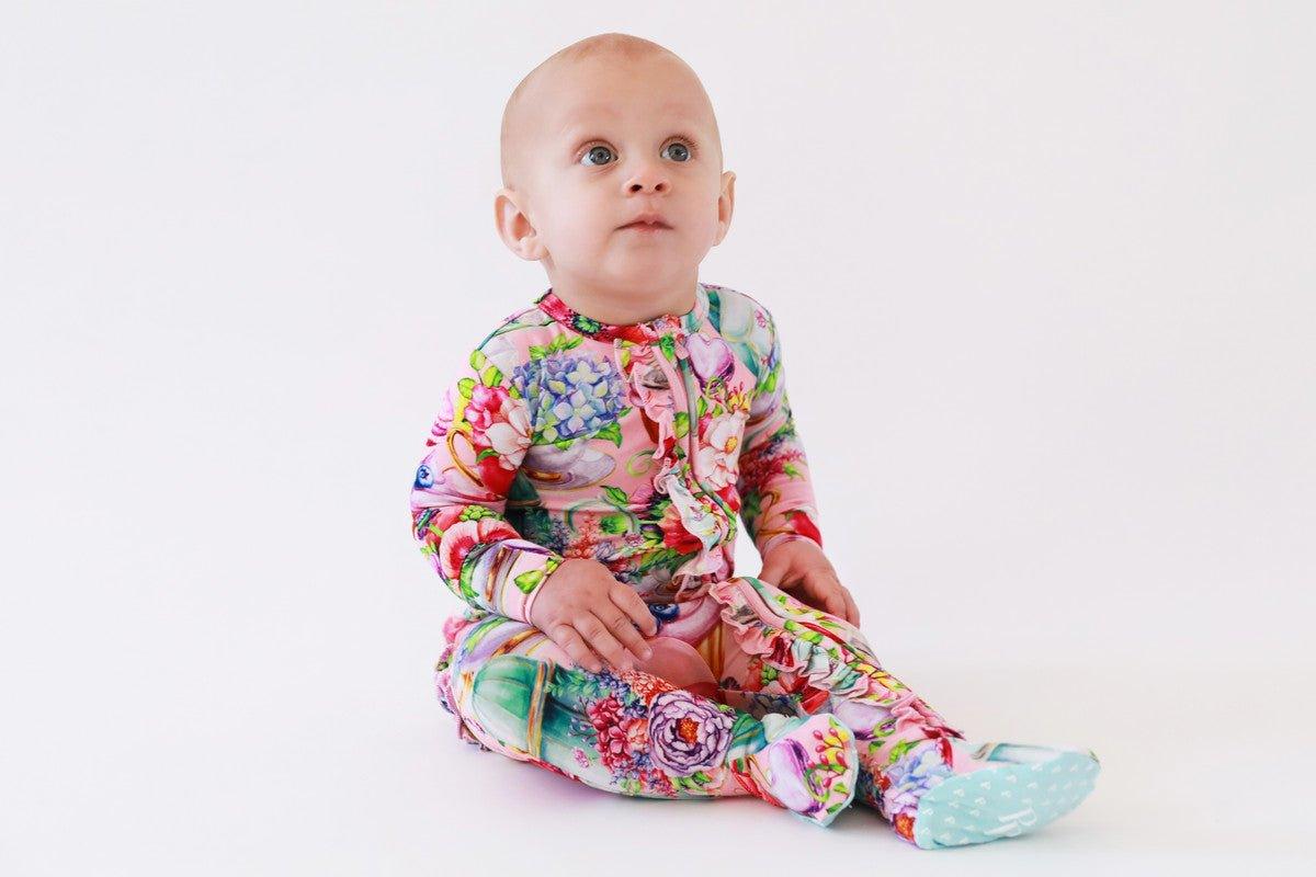 Girl's Bamboo Ruffle Footie with Zipper - Elizabeth (Floral) - Image 5