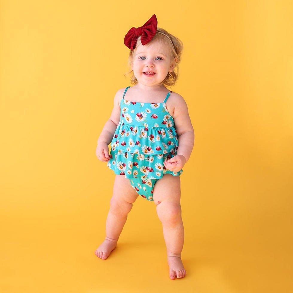 Girl's Bamboo Basic Ruffled Spaghetti Romper - Ladybug - Image 2