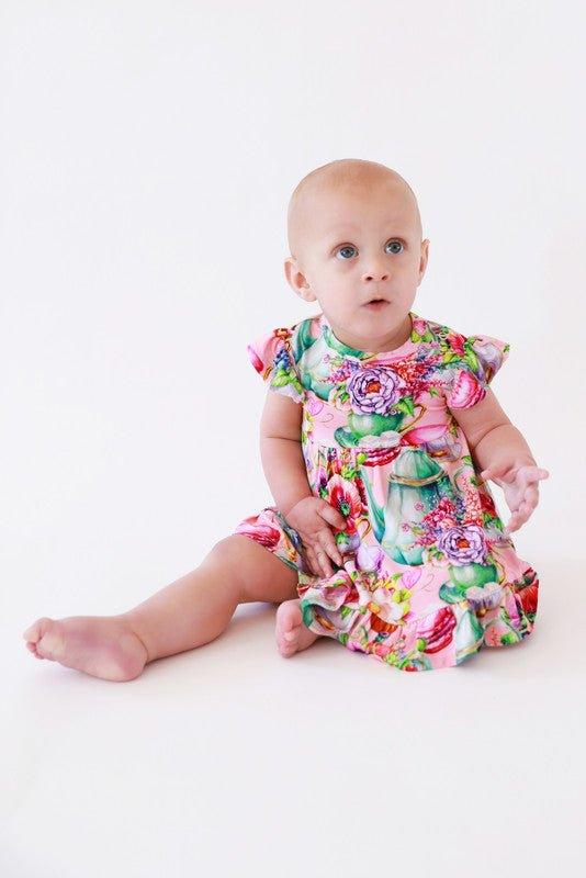 Girl's Bamboo Cap Sleeve Basic Ruffled Bodysuit Dress - Elizabeth (Floral) - Image 2