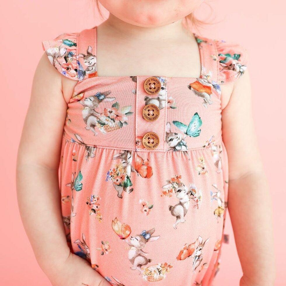 Girl's Bamboo Henley Ruffled Cap Sleeve Bubble Romper - Betty (Rabbits) - Image 3