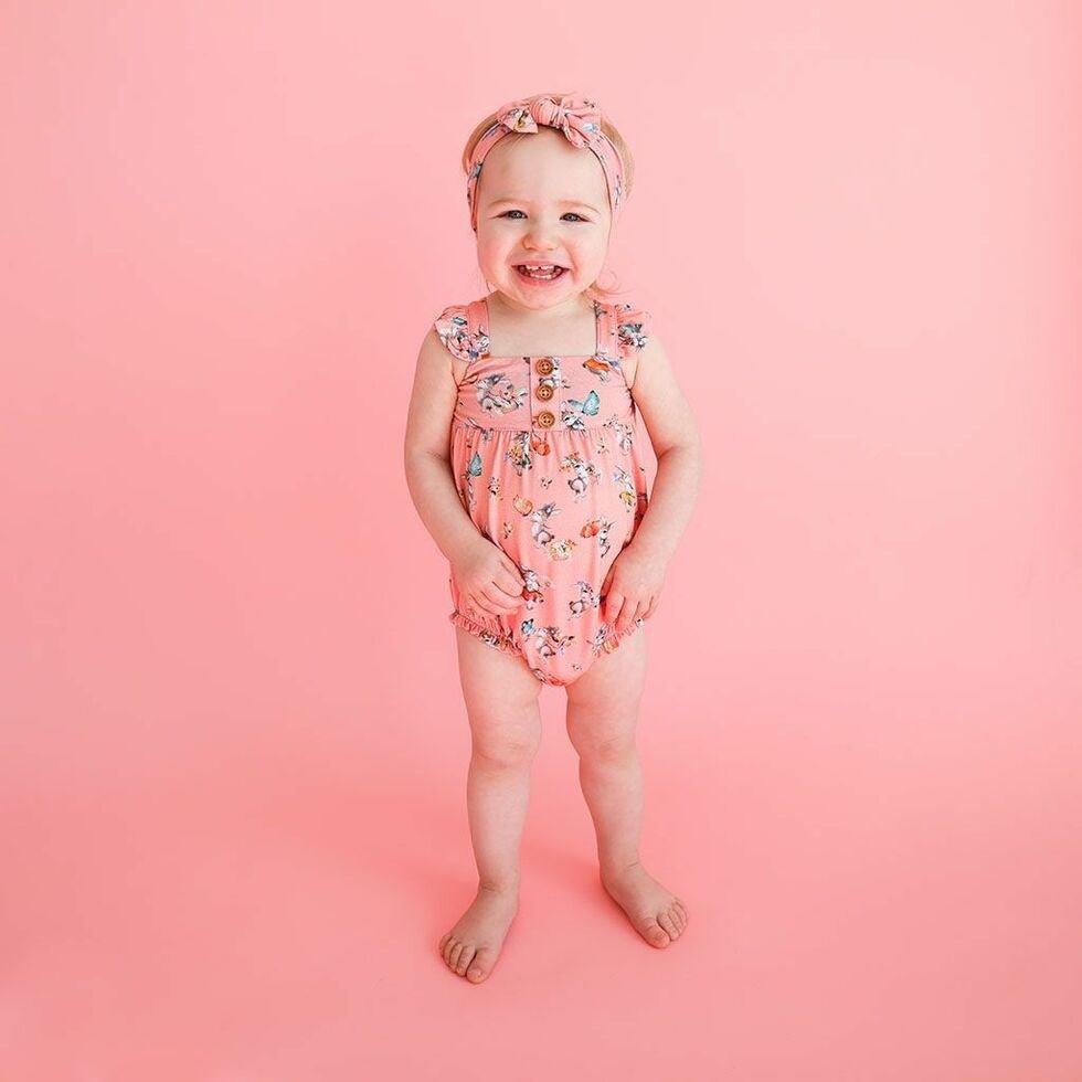 Girl's Bamboo Henley Ruffled Cap Sleeve Bubble Romper - Betty (Rabbits) - Image 4