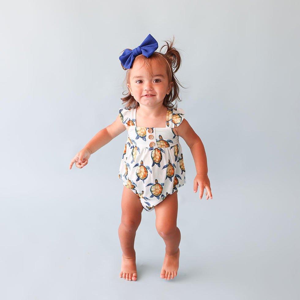 Girl's Bamboo Henley Ruffled Cap Sleeve Bubble Romper - Cruz (Turtles) - Image 2