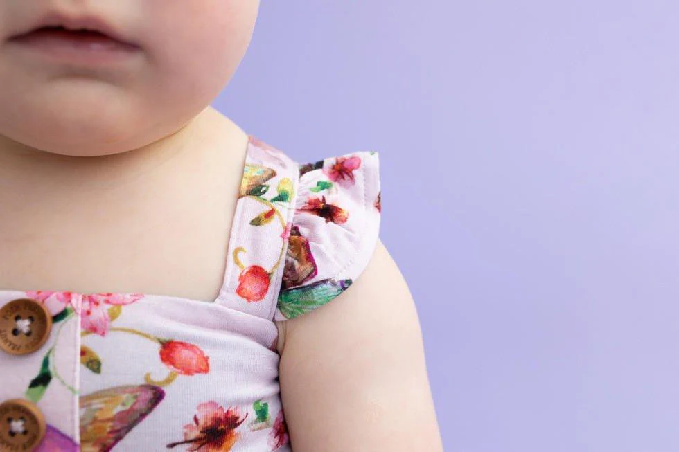 Girl's Bamboo Henley Ruffled Cap Sleeve Bubble Romper - Watercolor Butterfly - Image 2