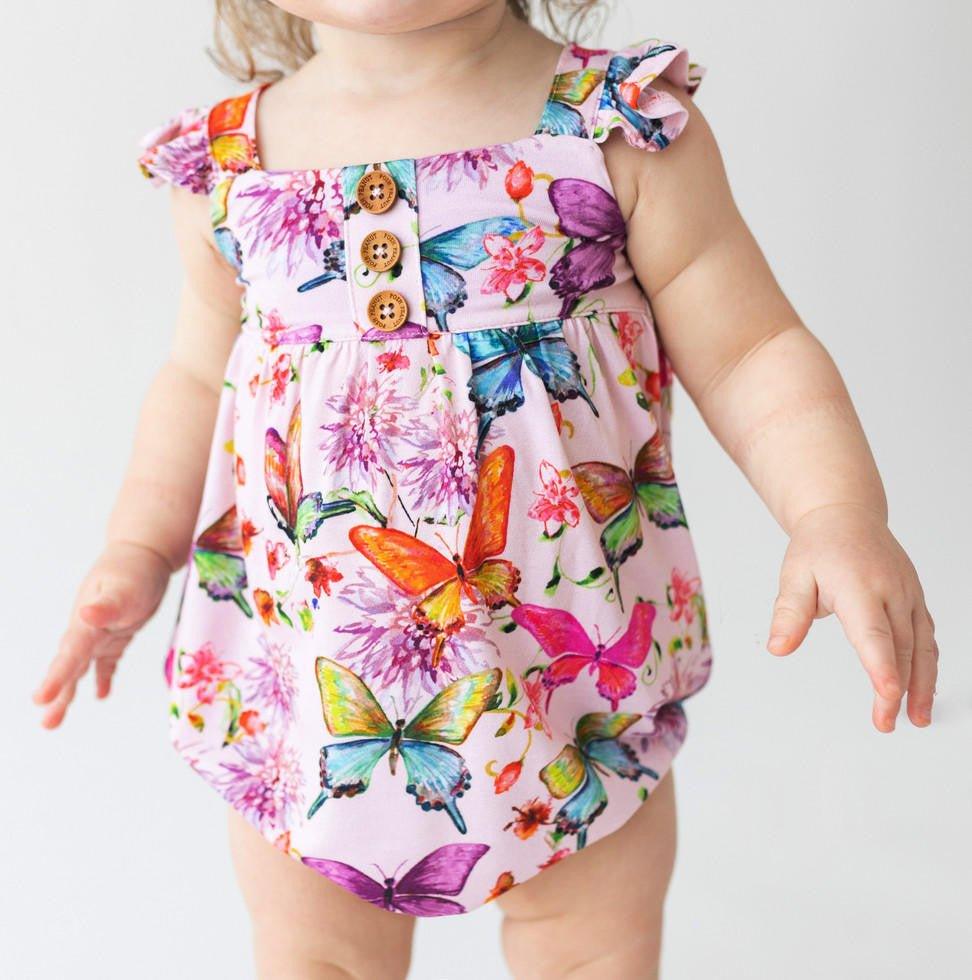 Girl's Bamboo Henley Ruffled Cap Sleeve Bubble Romper - Watercolor Butterfly - Image 3