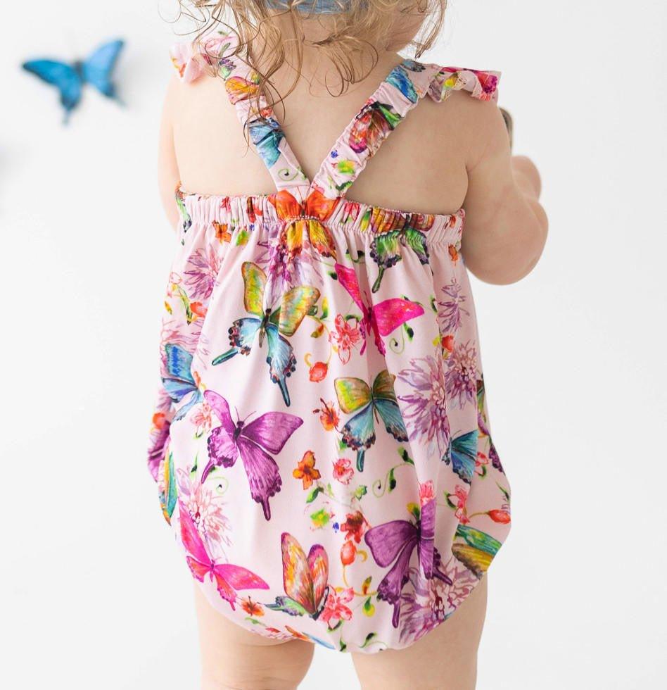 Girl's Bamboo Henley Ruffled Cap Sleeve Bubble Romper - Watercolor Butterfly - Image 4