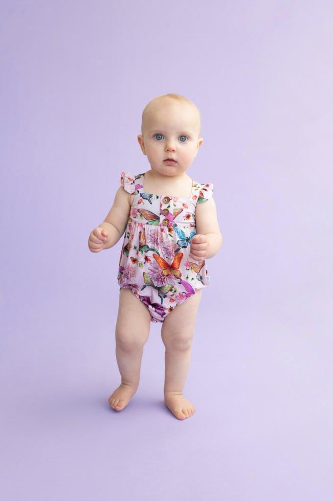 Girl's Bamboo Henley Ruffled Cap Sleeve Bubble Romper - Watercolor Butterfly - Image 5