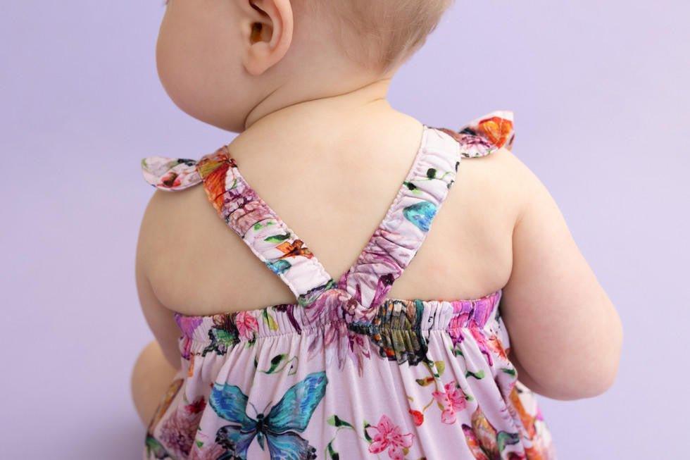 Girl's Bamboo Henley Ruffled Cap Sleeve Bubble Romper - Watercolor Butterfly - Image 6