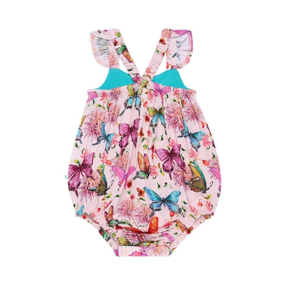 Girl's Bamboo Henley Ruffled Cap Sleeve Bubble Romper - Watercolor Butterfly - Image 7