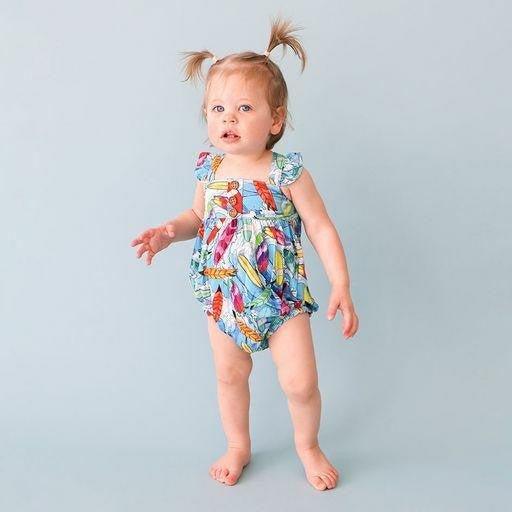 Girl's Bamboo Henley Ruffled Cap Sleeve Bubble Romper - Wave (Surfboards) - Image 2