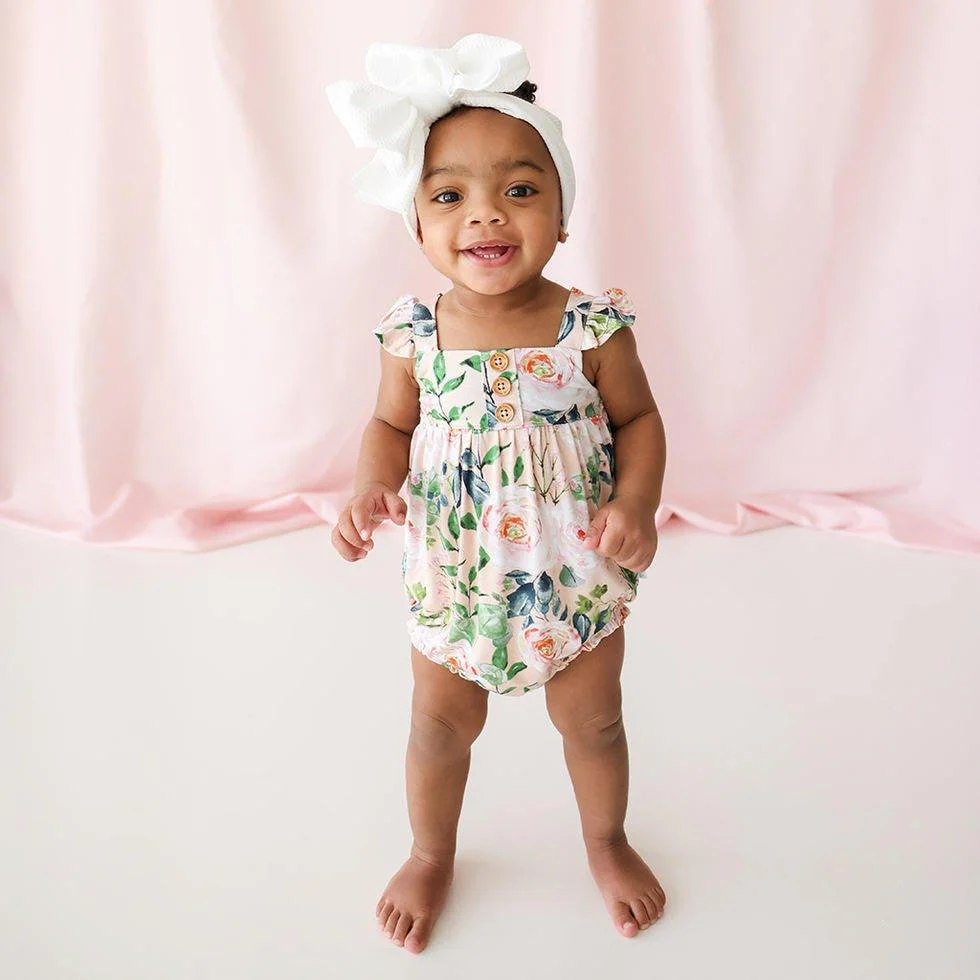 Girl's Bamboo Henley Ruffled Cap Sleeve Bubble Rompers - Harper (Floral) - Image 2