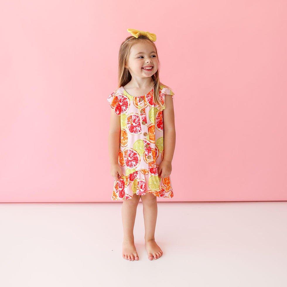 Girl's Bamboo Henley Ruffled Cap Sleeve Hi Low Dress - Citrine (Citrus Fruits) - Image 2