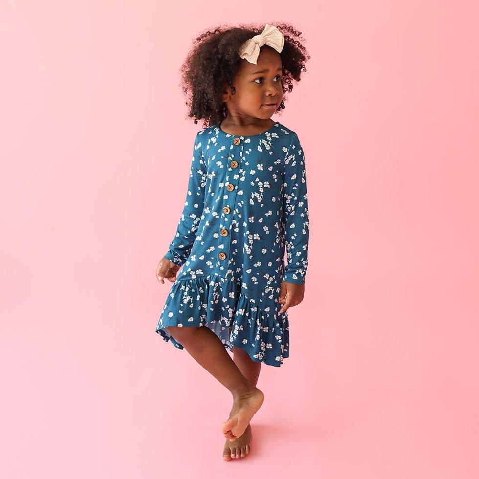 Girl's Bamboo Long Sleeve Henley Hi Low Dress, Adriana (Floral) - Image 2