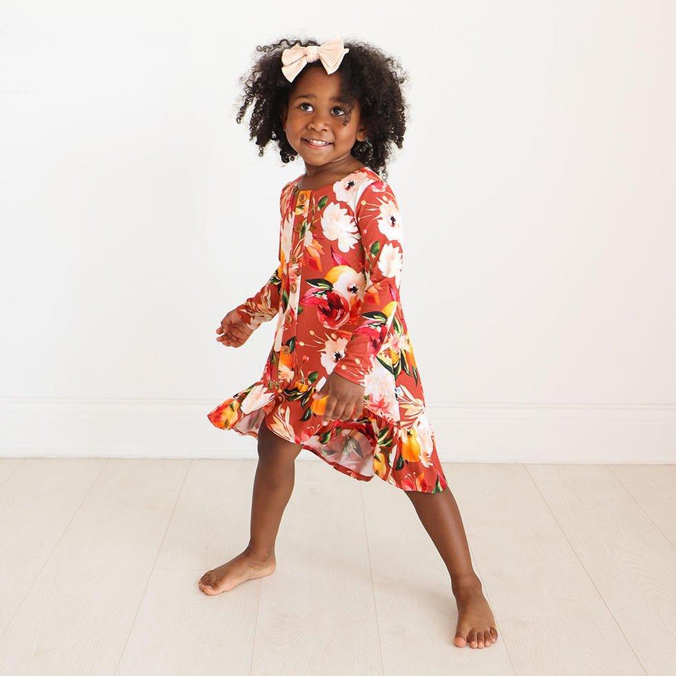 Girl's Bamboo Long Sleeve Henley Hi Low Dress, Leonora (Floral) - Image 2