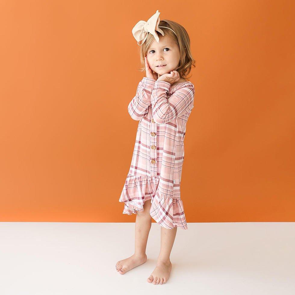 Girl's Bamboo Long Sleeve Henley Hi Low Dress - Stephanie (Plaid) - Image 2