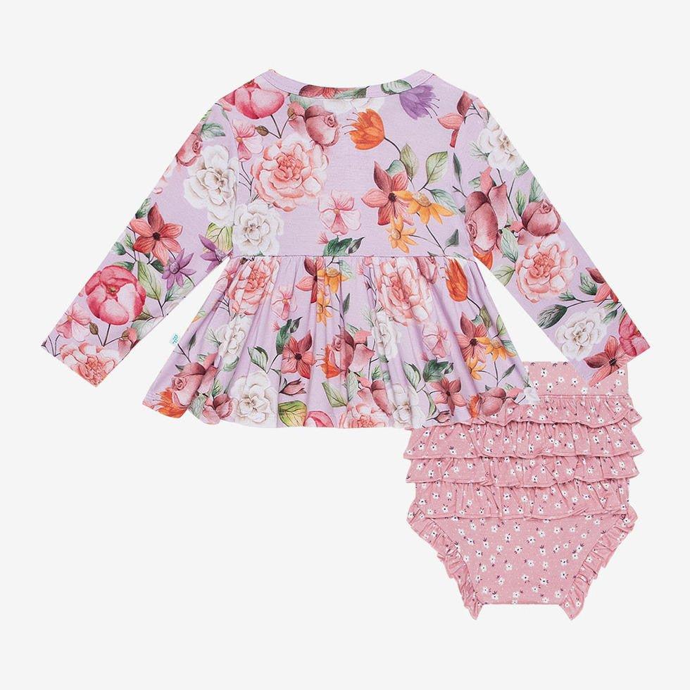 Girl's Bamboo Long Sleeve Henley Peplum Top & Bloomer Outfit Set, Pari (Floral) - Image 2