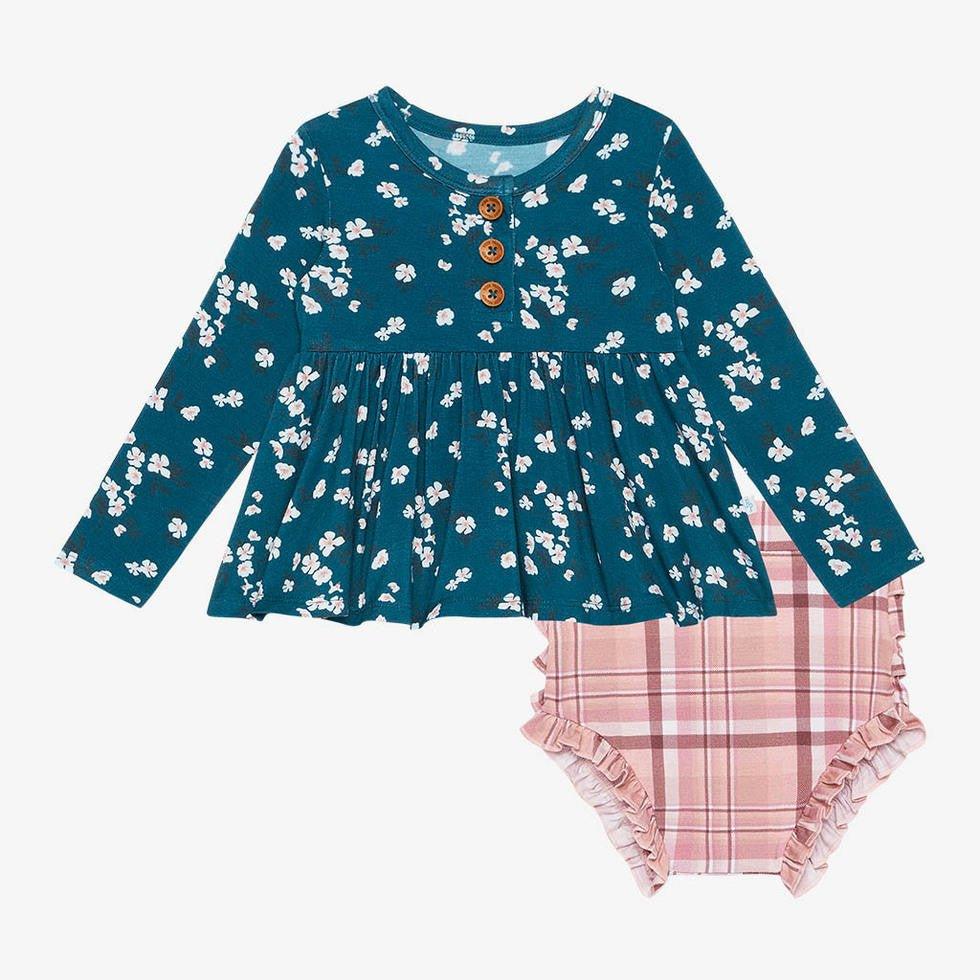 Girl's Bamboo Long Sleeve Henley Peplum Top & Bloomer Set, Adriana (Floral)
