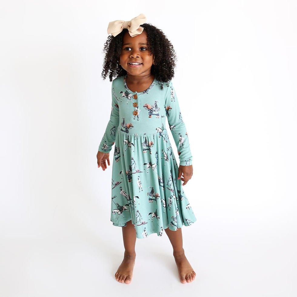 Girl's Bamboo Long Sleeve Henley Twirl Dress, Wallace (Knights) - Image 2