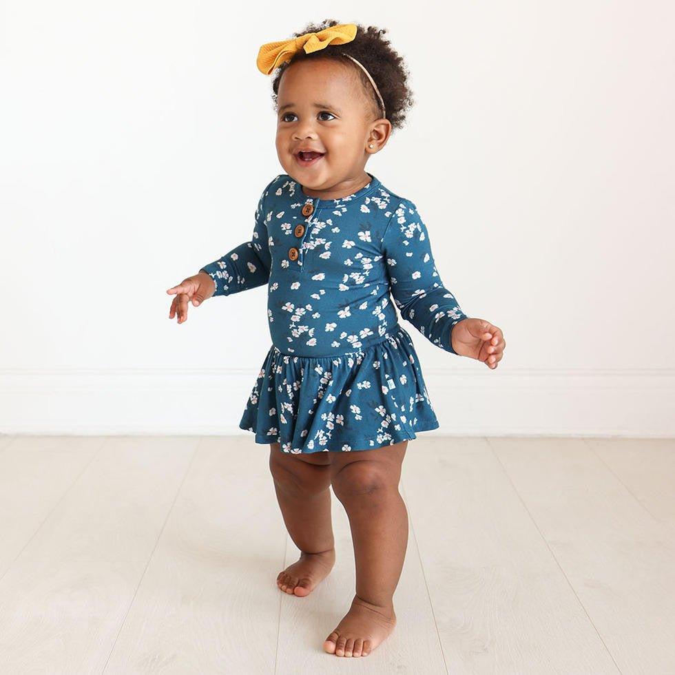 Girl's Bamboo Long Sleeve Henley Twirl Skirt Bodysuit, Adriana (Floral) - Image 2