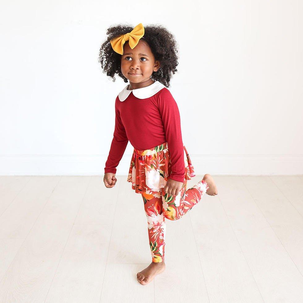 Girl's Bamboo Long Sleeve Henley Twirl Skirt Bodysuit, Leonora (Floral) - Image 2