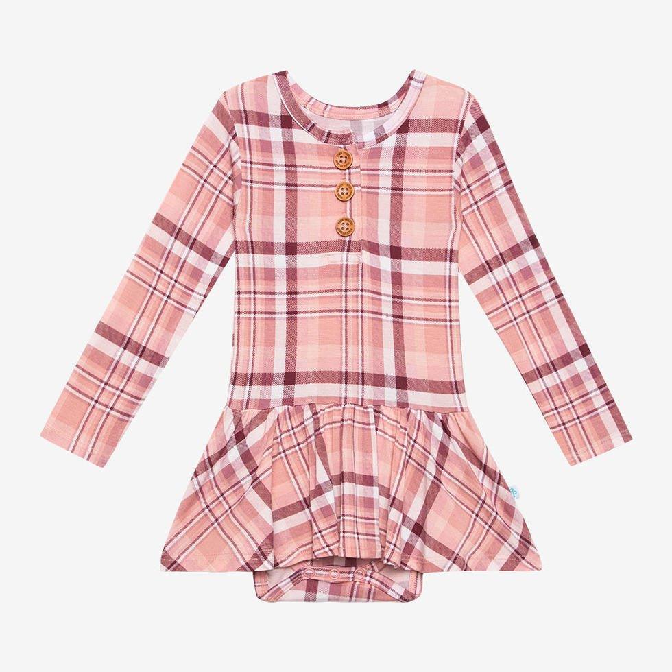 Girl's Bamboo Long Sleeve Henley Twirl Skirt Bodysuit - Stephanie (Plaid)