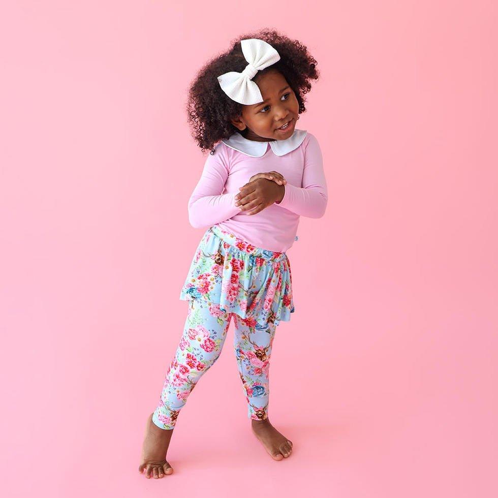 Girl's Bamboo Long Sleeve Peter Pan Collar Bodysuit & Skirted Legging Set, Fawn (Deer) - Image 2