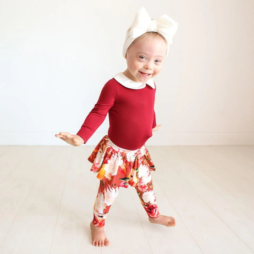 Girl's Bamboo Long Sleeve Peter Pan Collar Bodysuit & Skirted Legging Set, Leonora (Floral) - Image 2