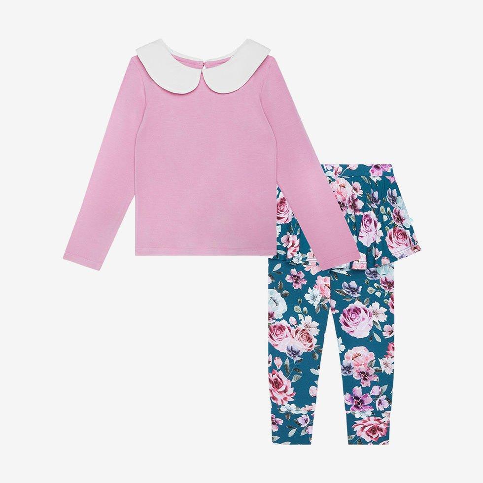 Girl's Bamboo Long Sleeve Peter Pan Collar T-Shirt & Skirted Legging Outfit Set - Keisha (Floral) - Image 2
