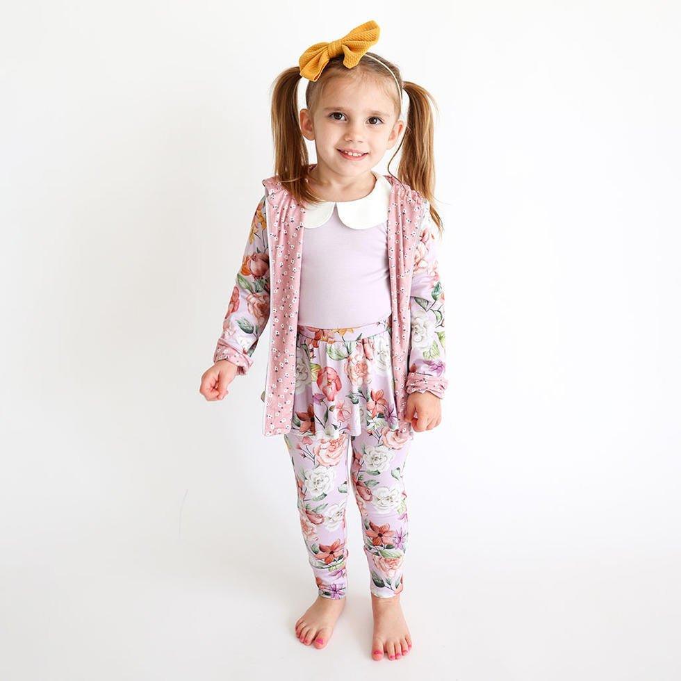 Girl's Bamboo Long Sleeve Peter Pan Collar T-Shirt & Skirted Legging Set, Pari (Floral) - Image 2