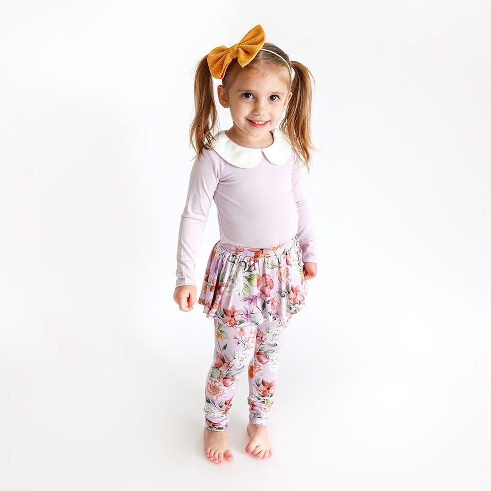 Girl's Bamboo Long Sleeve Peter Pan Collar T-Shirt & Skirted Legging Set, Pari (Floral) - Image 4
