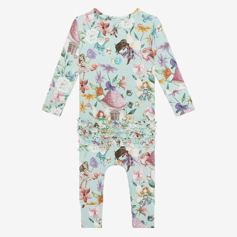 Girl's Bamboo Long Sleeve Ruffled Basic Romper, Faye (Fairies) - Image 2