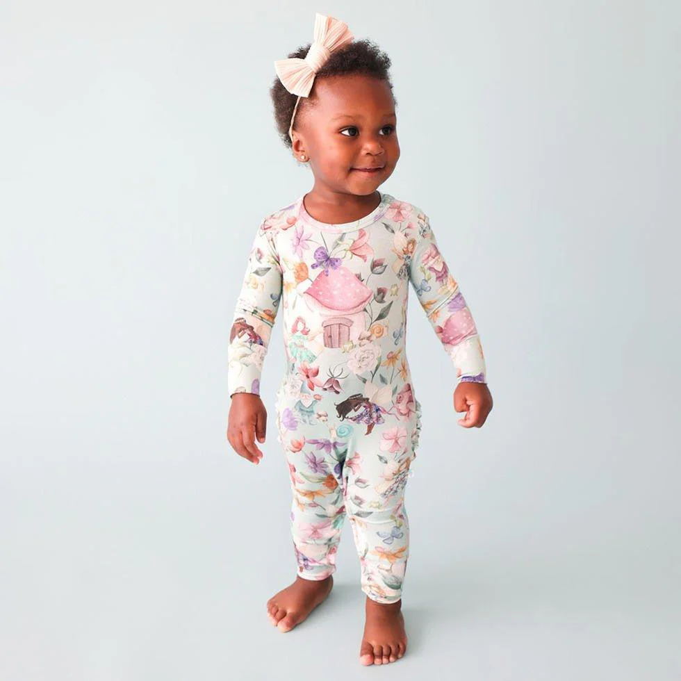 Girl's Bamboo Long Sleeve Ruffled Basic Romper, Faye (Fairies) - Image 3