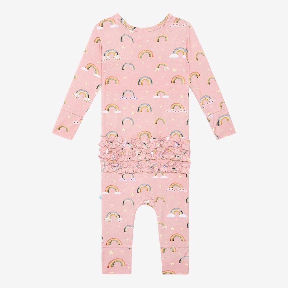 Girl's Bamboo Long Sleeve Ruffled Basic Romper - Shay (Rainbows) - Image 2