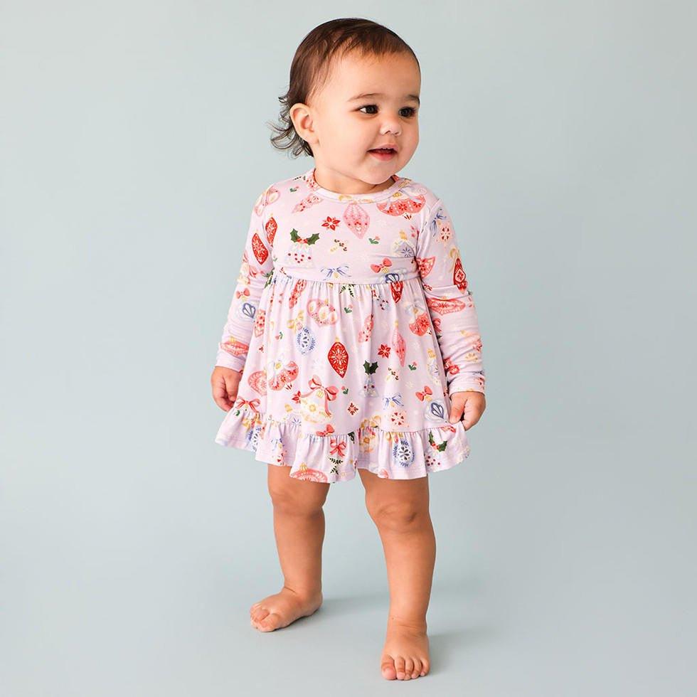Girl's Bamboo Long Sleeve Ruffled Bodysuit Dress - Holly (Ornaments) - Image 2