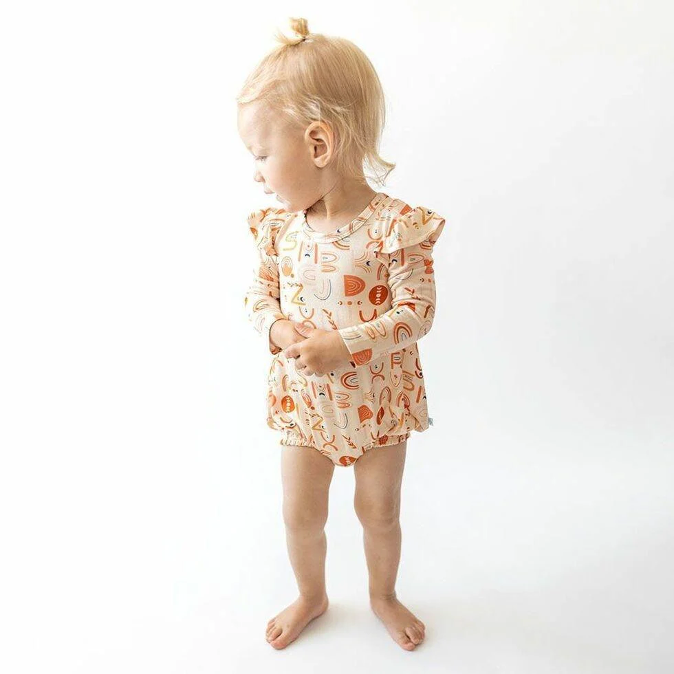 Girl's Bamboo Long Sleeve Ruffled Bubble Romper - Alphabet Medley - Image 2