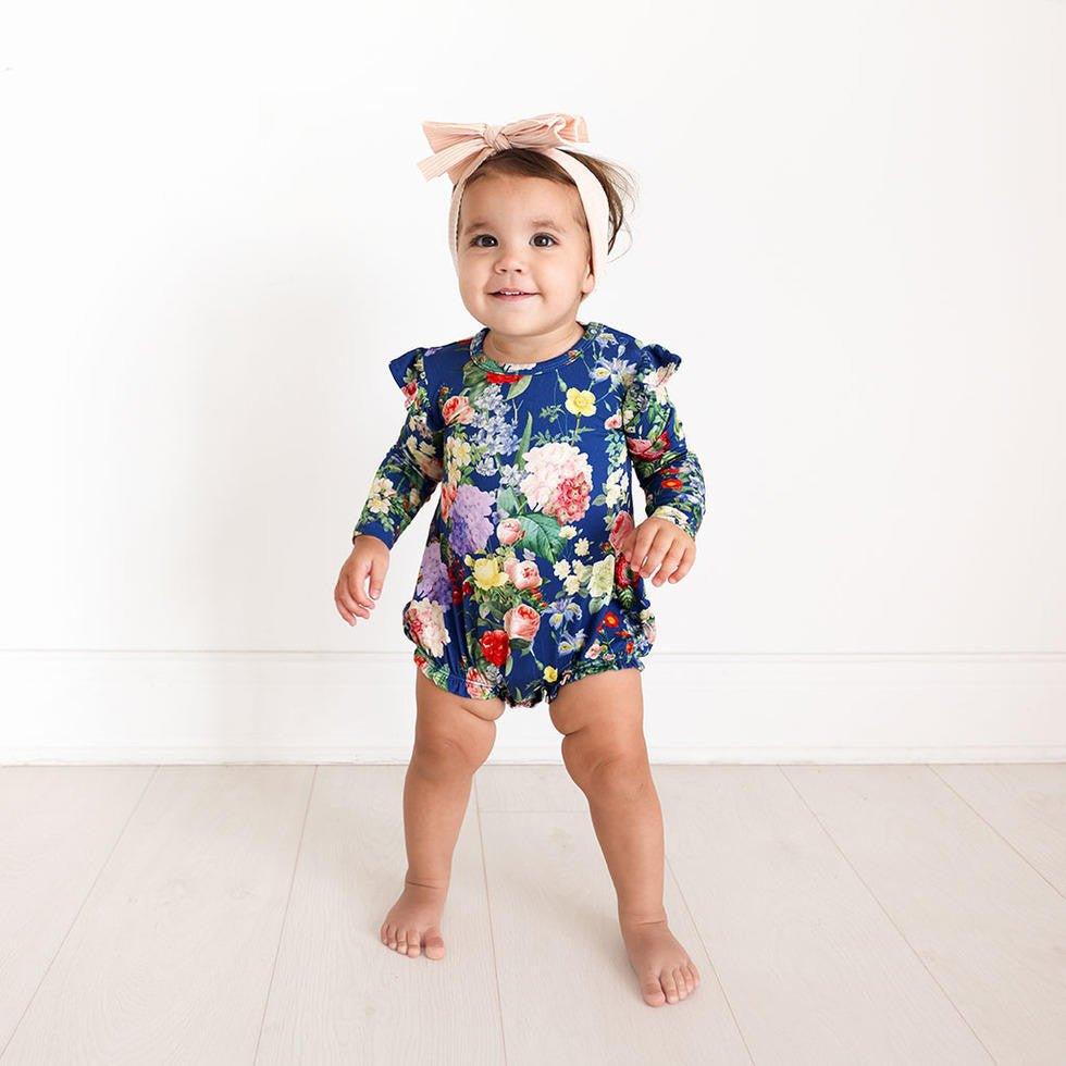 Girl's Bamboo Long Sleeve Ruffled Bubble Romper - Carmen (Floral) - Image 2