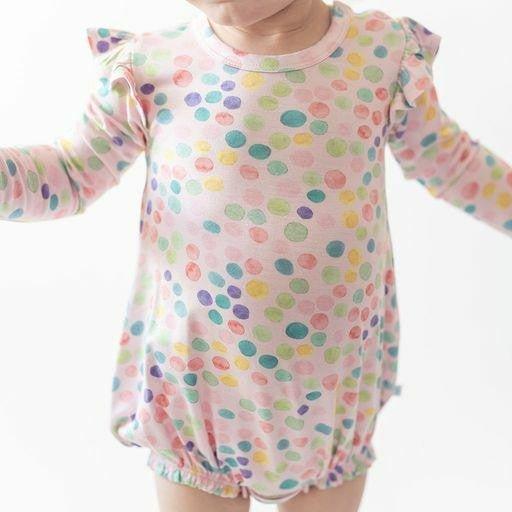 Girl's Bamboo Long Sleeve Ruffled Bubble Romper - Estelle (Polka Dots) - Image 2
