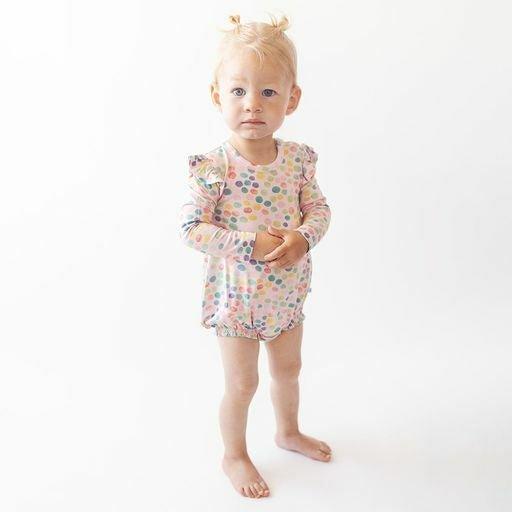 Girl's Bamboo Long Sleeve Ruffled Bubble Romper - Estelle (Polka Dots) - Image 3