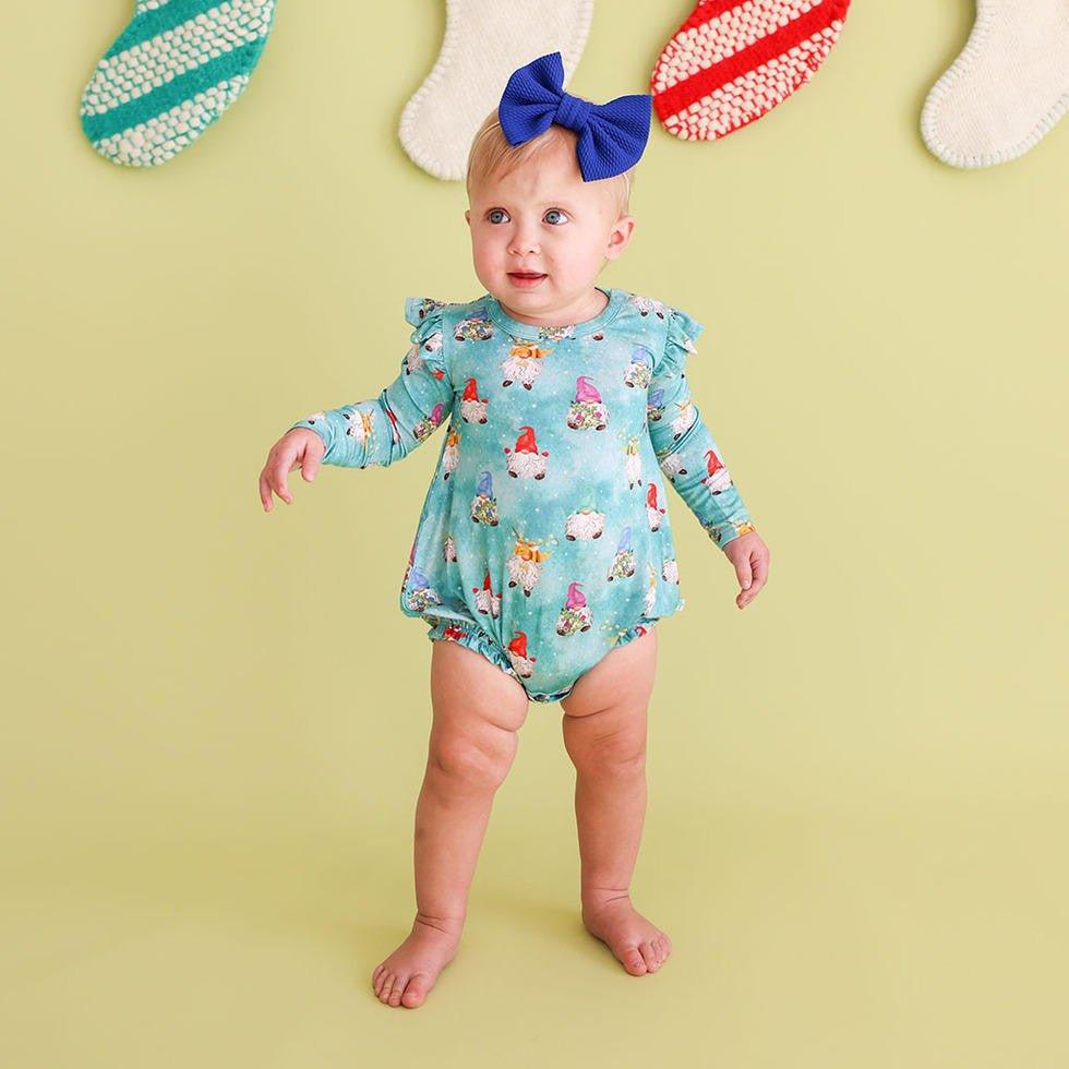 Girl's Bamboo Long Sleeve Ruffled Bubble Romper, Gnomey - Image 2