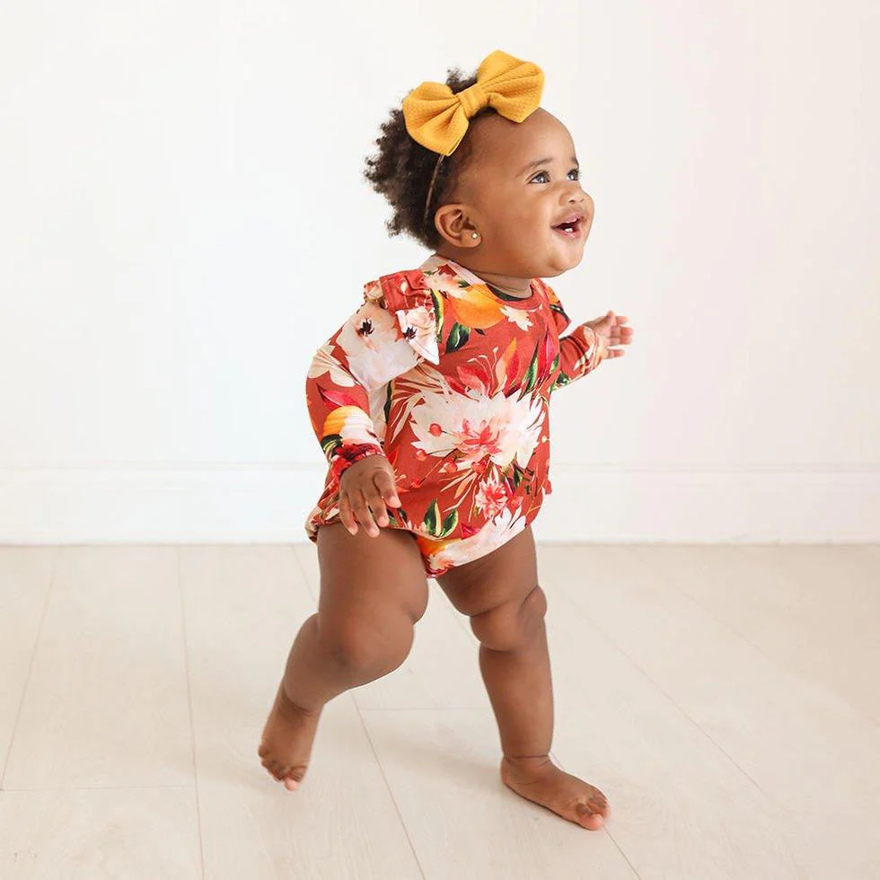 Girl's Bamboo Long Sleeve Ruffled Bubble Romper, Leonora (Floral) - Image 2