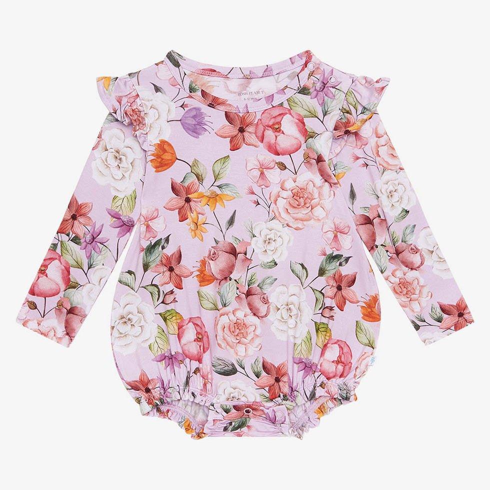 Girl's Bamboo Long Sleeve Ruffled Bubble Romper, Pari (Floral)