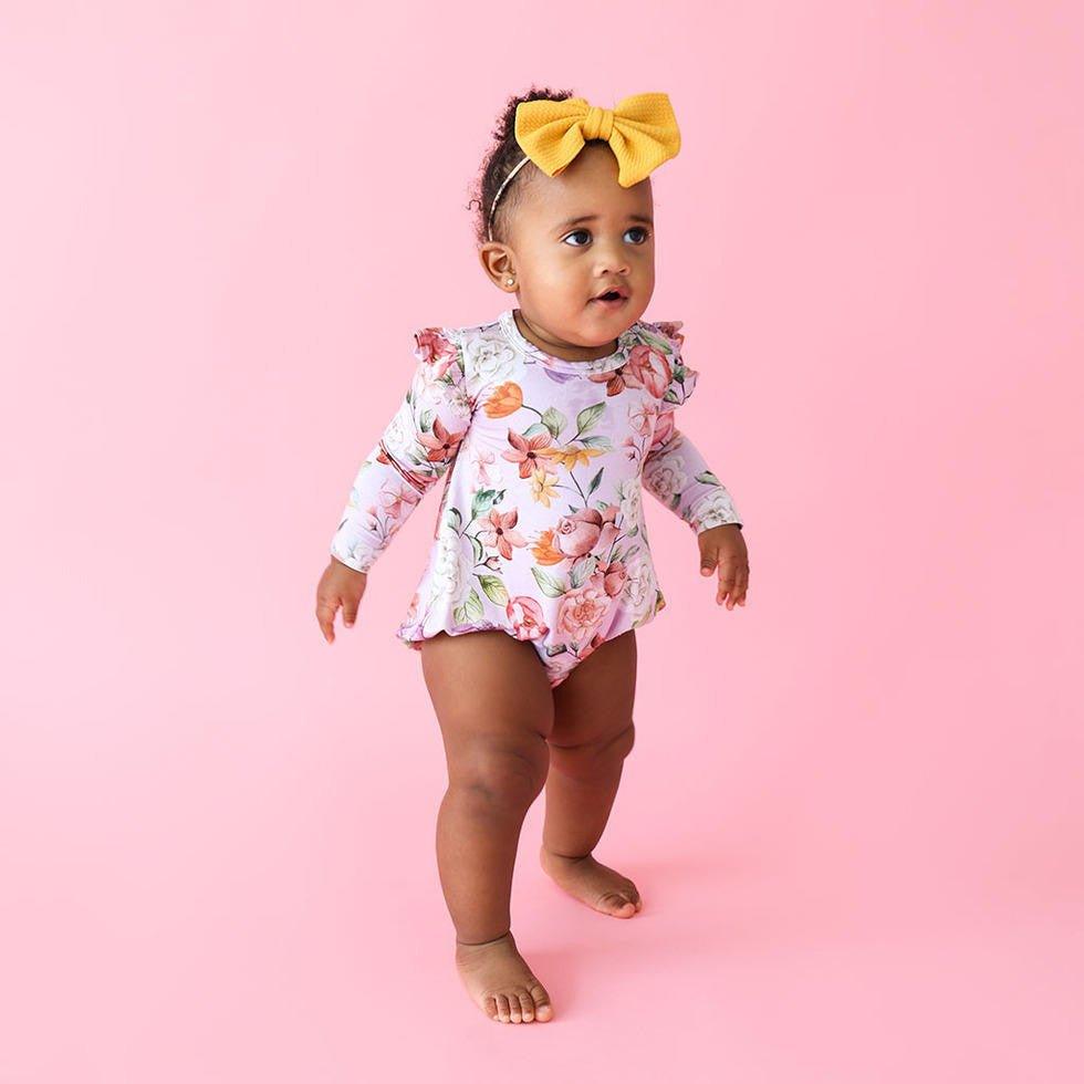 Girl's Bamboo Long Sleeve Ruffled Bubble Romper, Pari (Floral) - Image 2