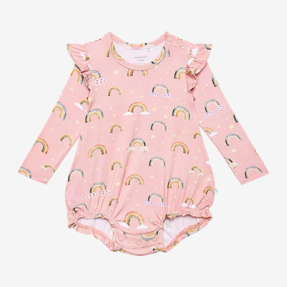 Girl's Bamboo Long Sleeve Ruffled Bubble Romper - Shay (Rainbows)