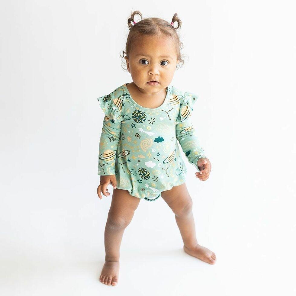 Girl's Bamboo Long Sleeve Ruffled Bubble Romper - To The Stars - Image 2