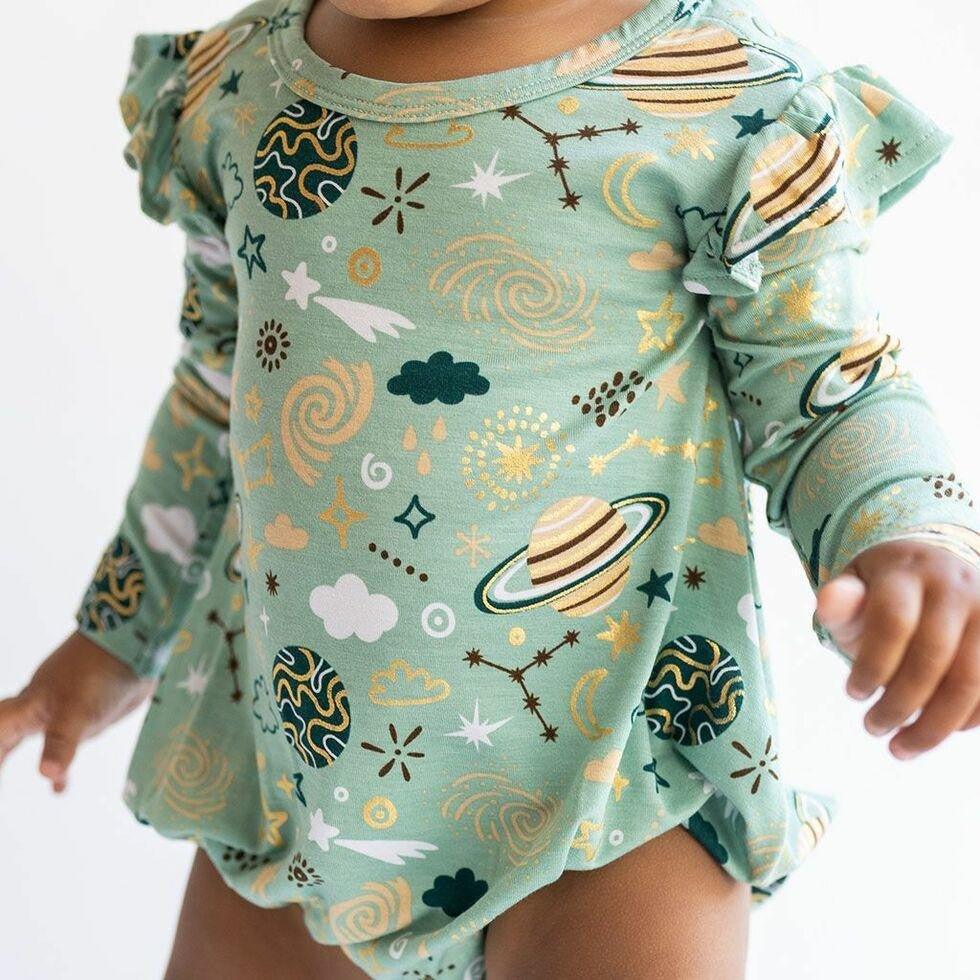 Girl's Bamboo Long Sleeve Ruffled Bubble Romper - To The Stars - Image 3