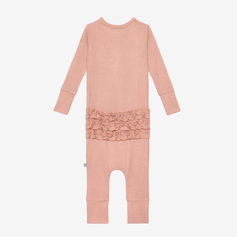 Girl's Bamboo Long Sleeve Ruffled Henley Romper - Desert Rose Waffle - Image 2