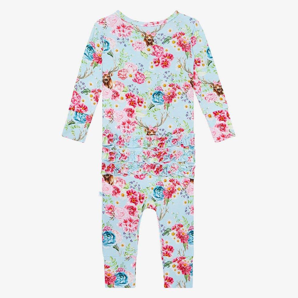 Girl's Bamboo Long Sleeve Ruffled Henley Romper, Fawn (Deer) - Image 2