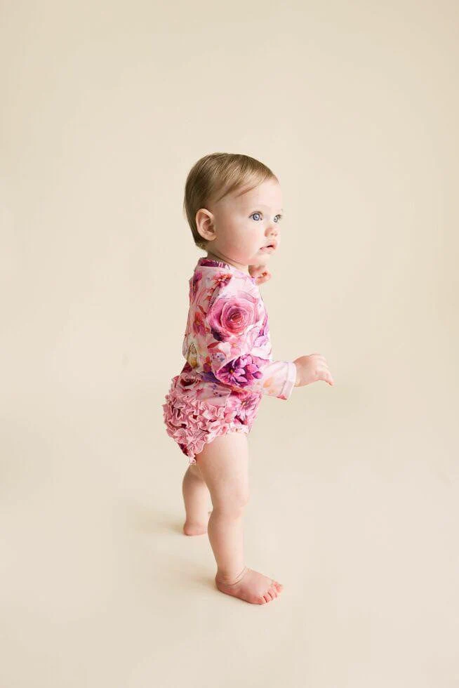 Girl's Long Sleeve Ruffled Rash Guard Swimsuit - Amira (Floral) - Image 2