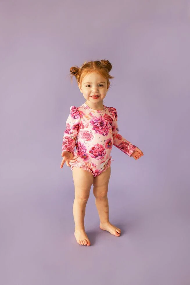 Girl's Long Sleeve Ruffled Rash Guard Swimsuit - Amira (Floral) - Image 3