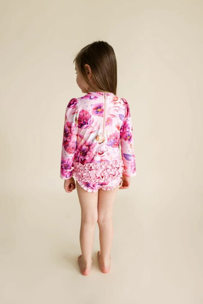 Girl's Long Sleeve Ruffled Rash Guard Swimsuit - Amira (Floral) - Image 5