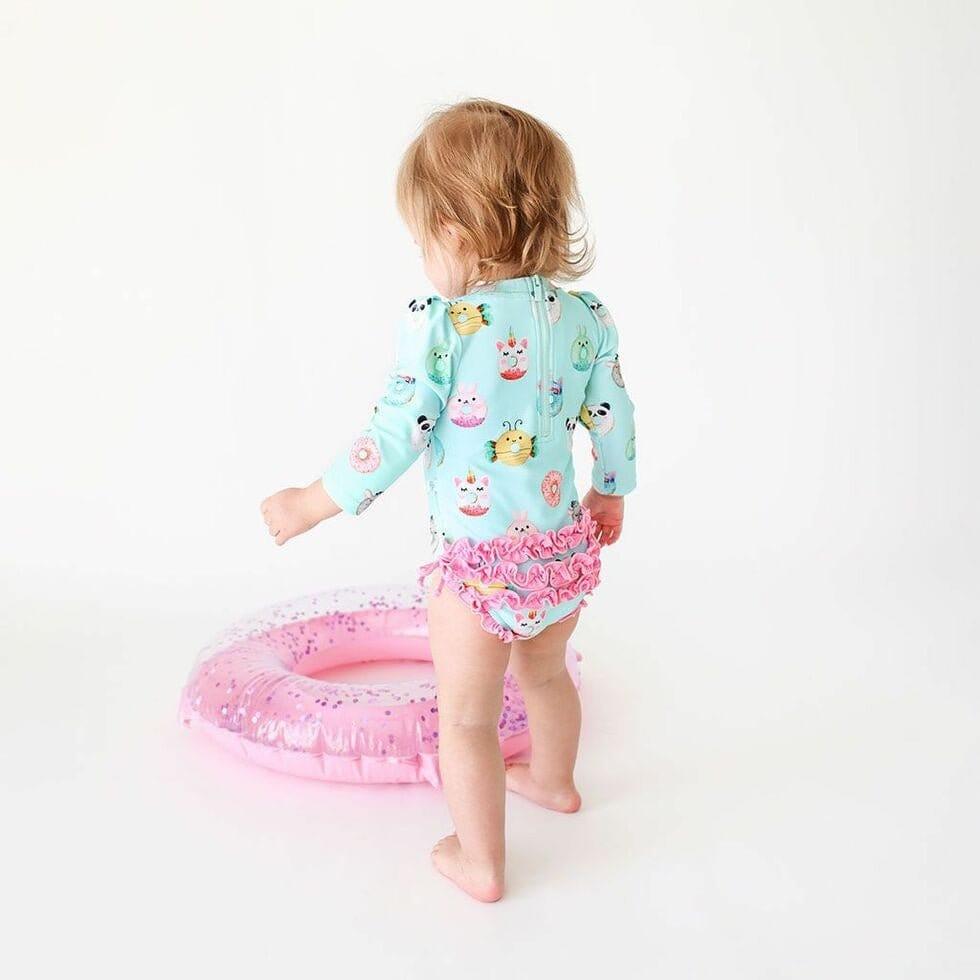 Girl's Long Sleeve Ruffled Rash Guard Swimsuit - Donuts - Image 2